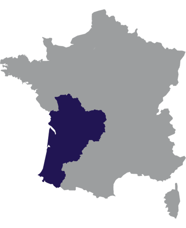 Landkaart Frankrijk grijs met regio Nouvelle-Aquitaine donkerblauw op transparante achtergrond - 600 * 733 pixels
